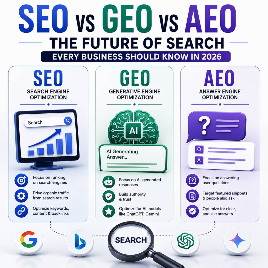 SEO vs GEO vs AEO: What Every Business Must Know in 2026